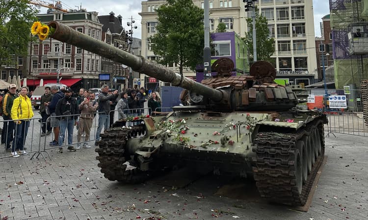 Wrecked Russian tank on display at Leidseplein in Amsterdam