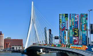 Rotterdam landmarks decorated with brightly coloured Eurovision song lyrics